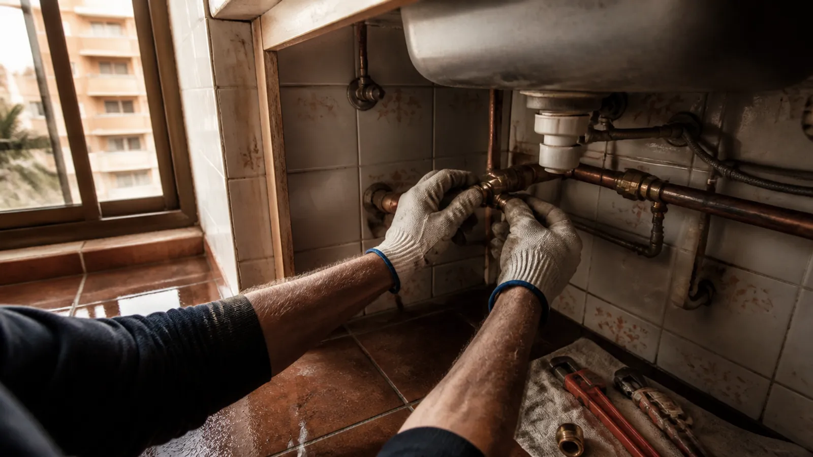 Manos de fontanero reparando una tubería bajo un fregadero en una vivienda de Murcia
