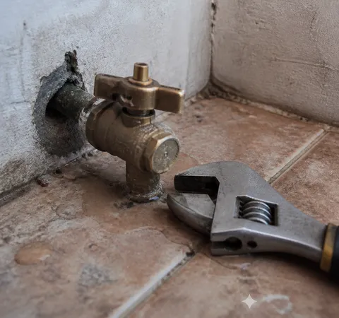 Llave de paso y llave inglesa sobre azulejo en una vivienda de Murcia