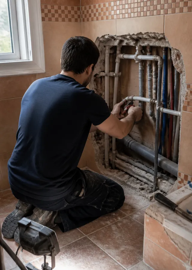 Fontanero de espalda trabajando en tuberías vistas de un baño en Murcia